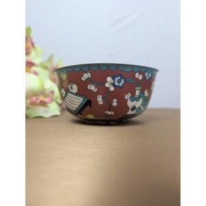 Vintage Cloisonne Enamel Bowl Floral Vase Fruit Coin Design Red Blue Trinket